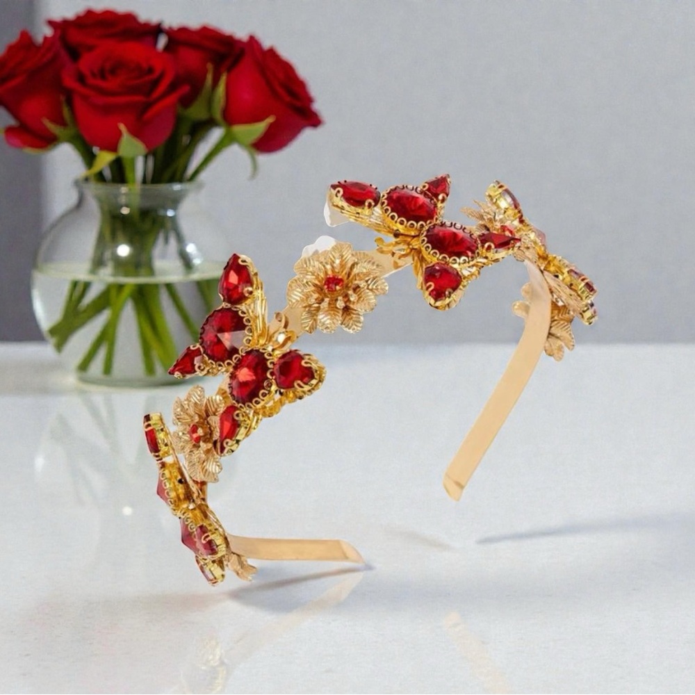Gold Floral & Butterfly Ruby Crystal
Statement Headband / Crown. NWT